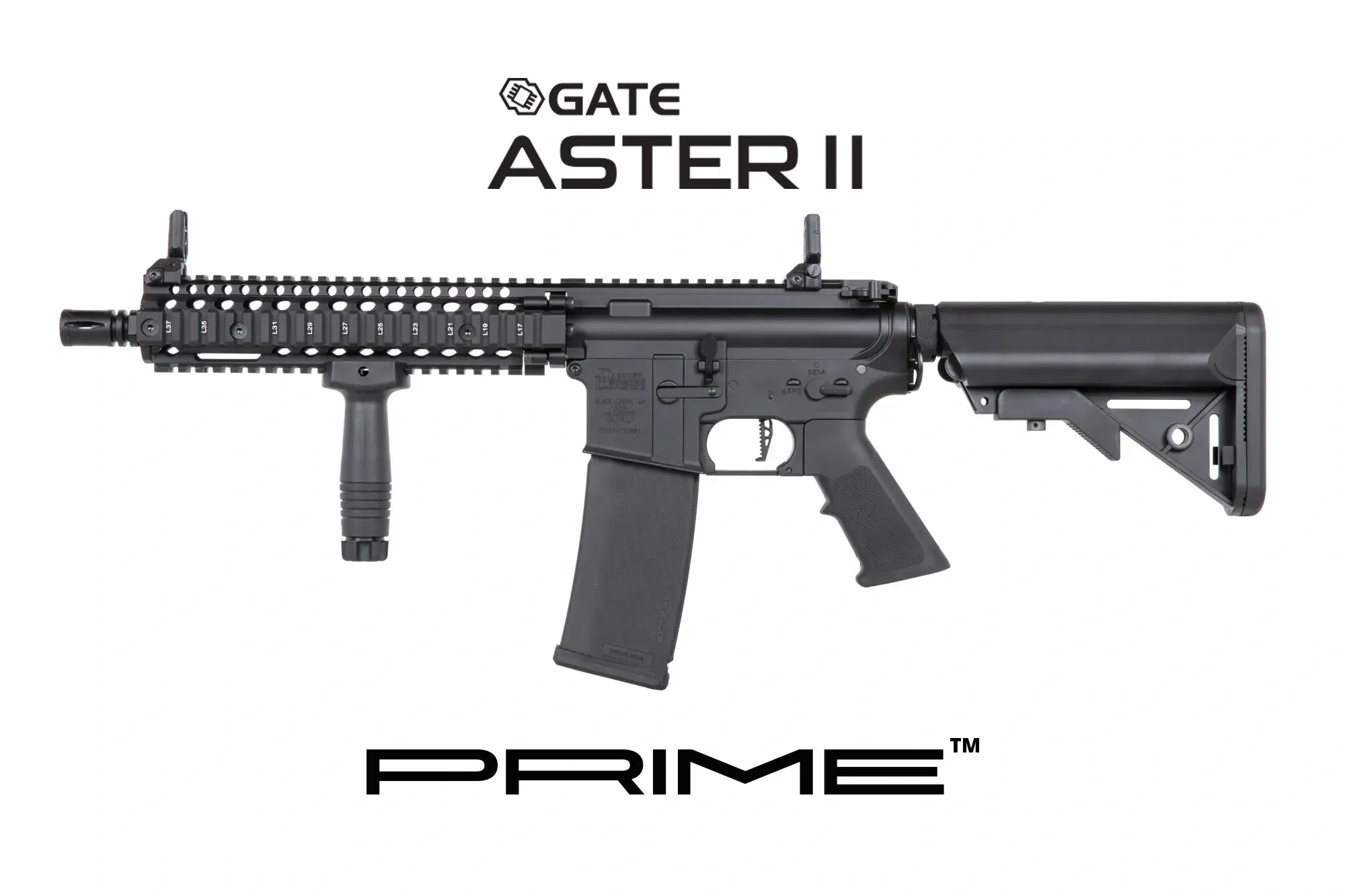 Daniel Defense® MK18 SA-P19 PRIME S-AEG mit ASTERII Bluetooth E.T.U, Dark Matter 27K Brushless Motor und Speedgears (BK)
